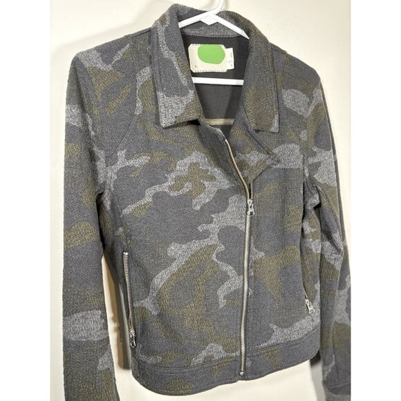 ANTHROPOLOGIE Camo Moto Jacket Zipper Cotton Green Grey Boho Size Medium - Picture 4 of 8
